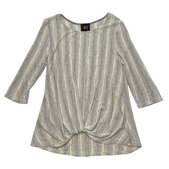 W5‎ Blouse Top Women's MEDIUM Beige White Gray Scoop-Neck Soft-Knit Twist-Front - Picture 6 of 9